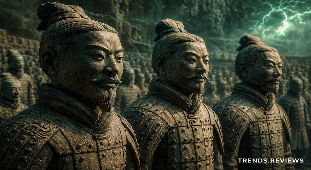Close-up of Terracotta Army soldiers showing unique facial expressions and ancient Chinese armor.