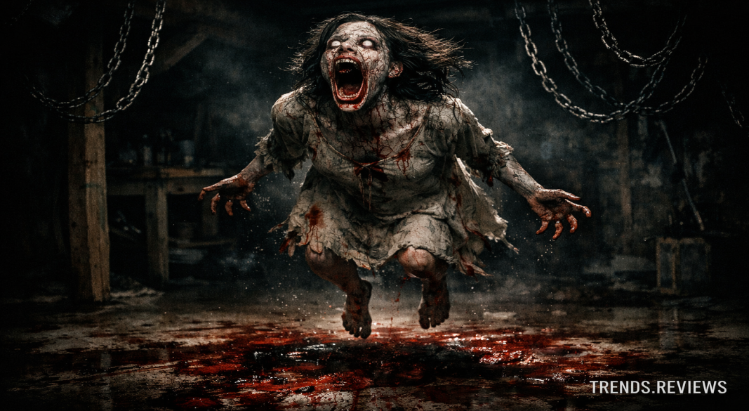 The infamous Necronomicon book cover on a wooden table inside a dark cabin.