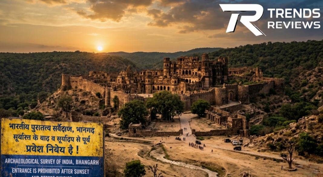 Ancient ruins of Bhangarh Fort Rajasthan at sunset.
