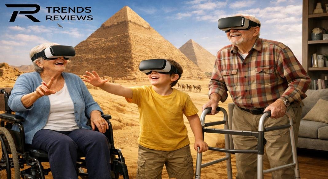 A person wearing a VR headset exploring a digital world map.